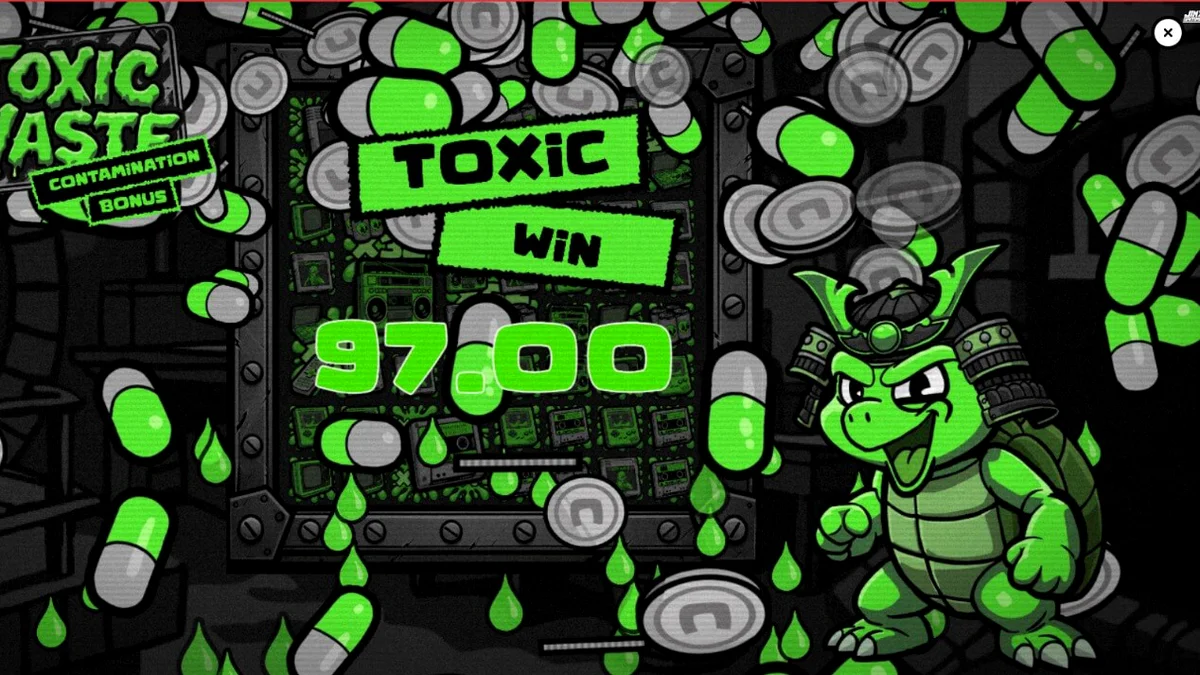 Tampilan visual neon dari slot Toxic Waste dengan simbol-simbol laboratorium radioaktif.