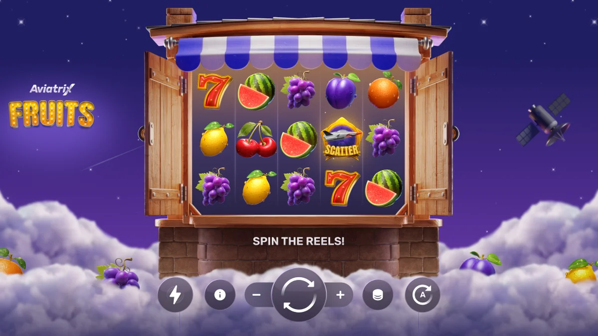 Tampilan visual slot Aviatrix Fruits dengan elemen pesawat kustom
